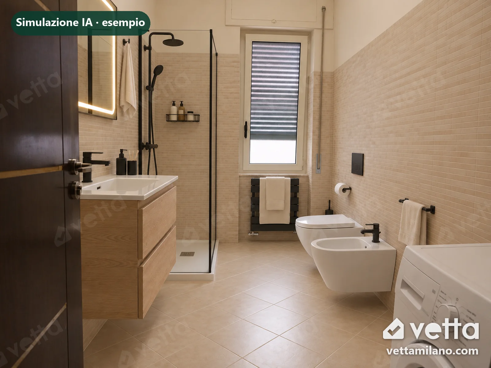 Simulazione generata con l'intelligenza artificiale dello stesso bagno, visto dallo stesso punto: doccia con vetro al posto della vasca, mobile lavabo in legno chiaro con specchio a LED, sanitari sospesi e piastrelle beige.