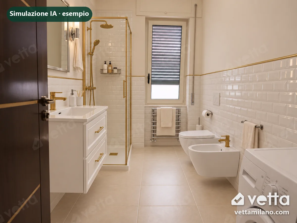 Simulazione generata con l'intelligenza artificiale dello stesso bagno in stile classico rinnovato: piastrelle diamantate bianche, mobile con maniglie e dettagli dorati.