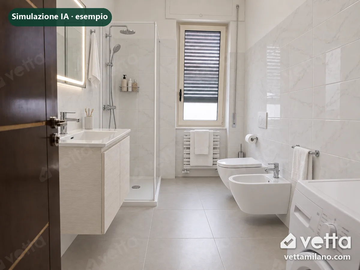 Simulazione generata con l'intelligenza artificiale dello stesso bagno in stile essenziale: bianco e grigio chiaro, rubinetteria cromata.