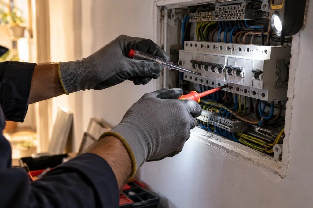 Immagine illustrativa generata con IA: le mani di un elettricista con i guanti lavorano a un quadro elettrico di casa.