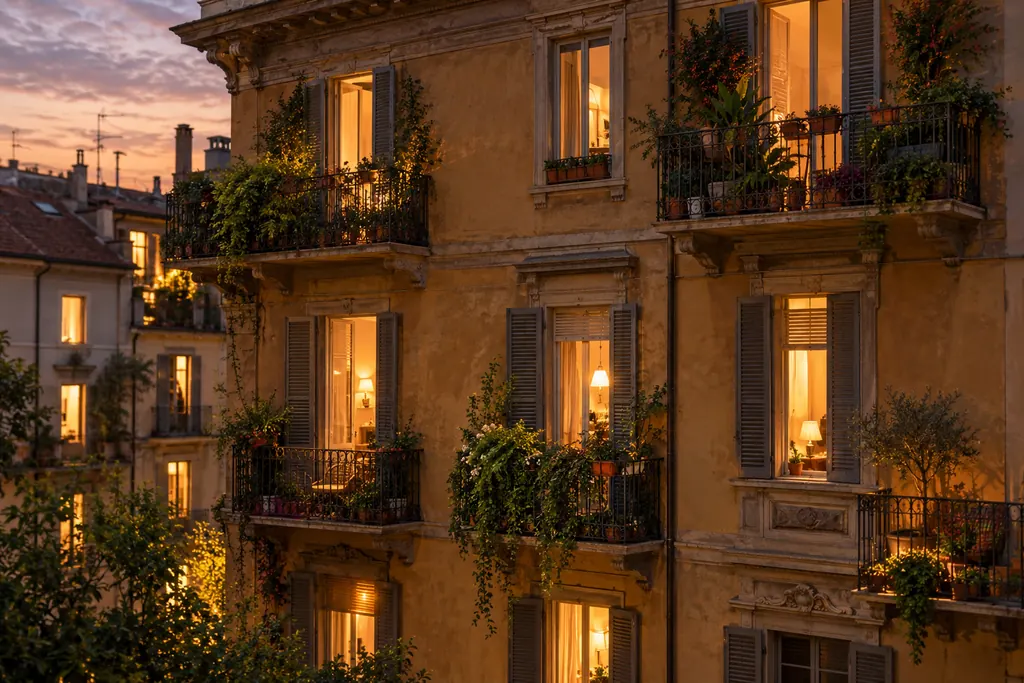 Immagine illustrativa generata con IA: la facciata di un palazzo milanese al tramonto, con le finestre illuminate.