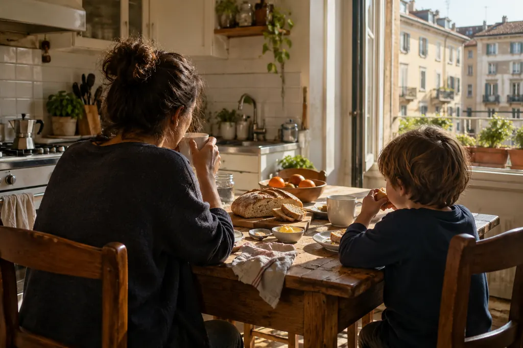 Immagine illustrativa generata con IA: una madre e un bambino fanno colazione nella cucina di un appartamento milanese.