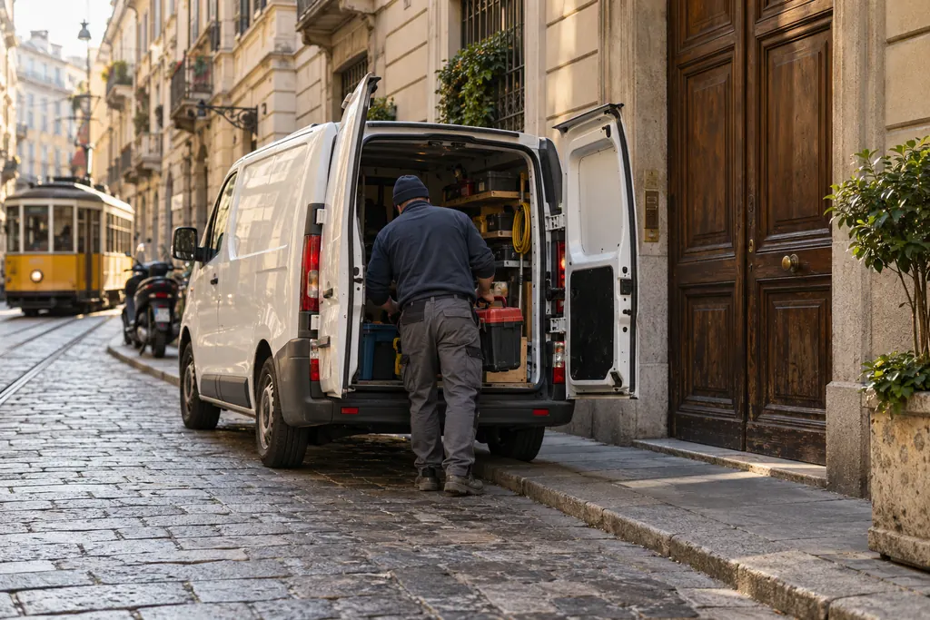 Immagine illustrativa generata con IA: un furgone da lavoro davanti al portone di un palazzo milanese, con il tram sullo sfondo.