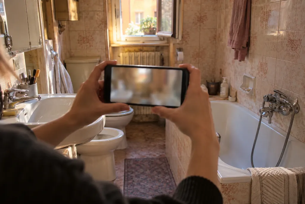 Immagine illustrativa generata con IA: due mani fotografano con il telefono un bagno con vasca e piastrelle anni Ottanta.