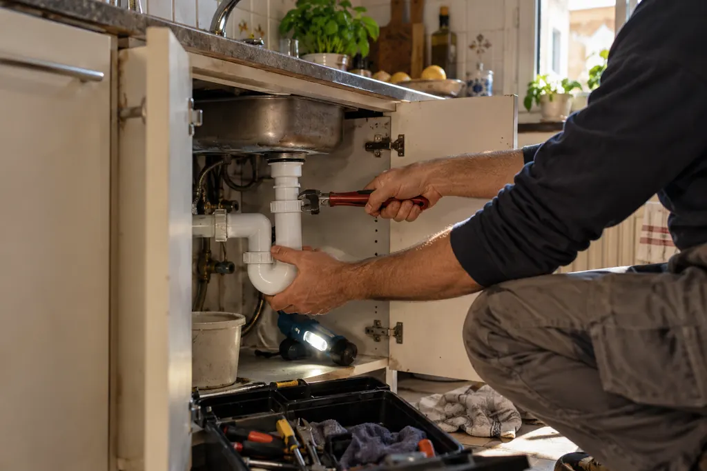 Immagine illustrativa generata con IA: le mani di un idraulico sistemano il sifone sotto il lavello di una cucina, con la cassetta degli attrezzi aperta.