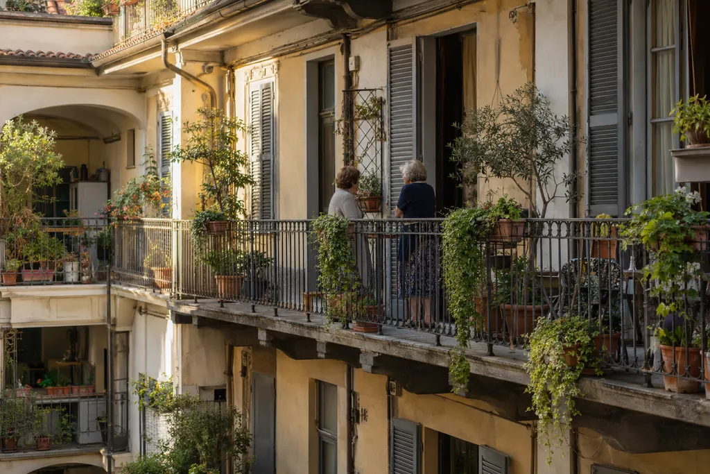 Immagine illustrativa generata con IA: due vicine sul ballatoio fiorito di una casa di ringhiera milanese.