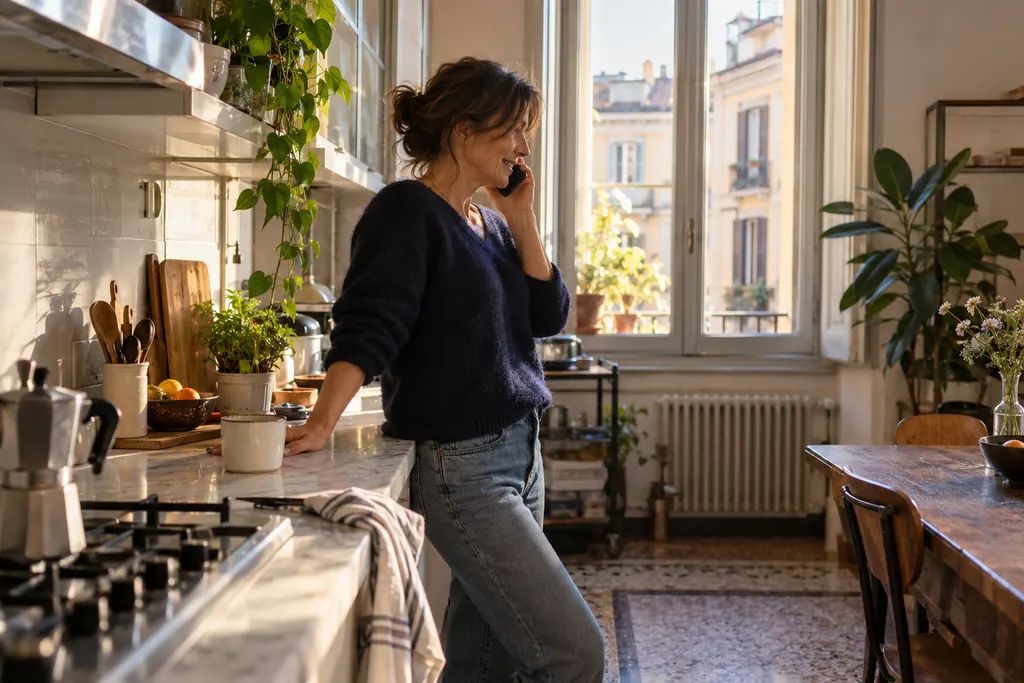 Immagine illustrativa generata con IA: una donna al telefono appoggiata al piano della cucina, con la luce del mattino.